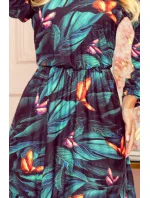 CORA - Dámske šaty s dekoltom, volánikom a so vzorom farebných motýľov 320-1 CORA - Dámske šaty s dekoltom, volánikom a so vzorom farebných motýľov 320-1