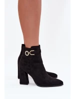 Eko Zamszowe Botki Na Słupku Z Ozdobą Czarne Lymall