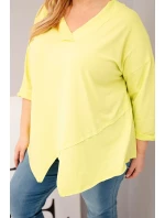 Dámska bavlnená blúzka v nadmernej veľkosti s hlbokým výstrihom do V a asymetrickým lemom Yellow Neon
