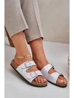 Materiałowe Klapki Na Korkowej Podeszwie Z Klamrami Jasnoszare Atera