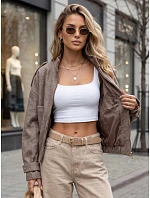 Krátka dámska bomberová bunda s vysokým stojatým golierom v farbe taupe, FashionStreet TY5848 Krátka dámska bomberová bunda s vysokým stojatým golierom v farbe taupe, FashionStreet TY5848
