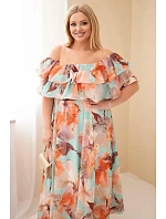 Dámske plus size šaty s volánom a odhalenými ramenami, s elastickým pásom maxi mint