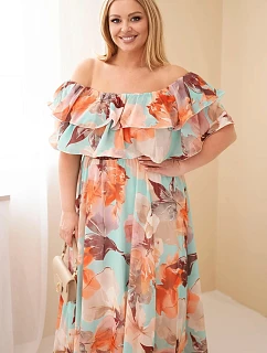 Dámske plus size šaty s volánom a odhalenými ramenami, s elastickým pásom maxi mint