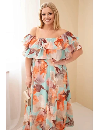 Dámske plus size šaty s volánom a odhalenými ramenami, s elastickým pásom maxi mint
