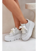 Skórzane Sneakersy Na Platformie CheBello 4658 Srebrne
