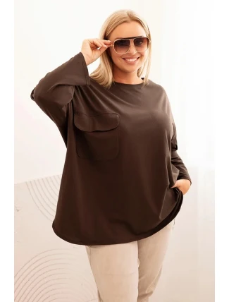 Dámska blúzka v nadmernej veľkosti s bavlnou, vreckom a vyhrnutými rukávmi hnedá