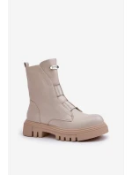 Ocieplane Botki Workery Damskie Na Zamek Eko Skórzane Jasnobeżowe Mailyra