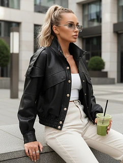 Dámska bunda z ekokože s rebrovaným lemom a golierom čierna FashionStreet TY5646