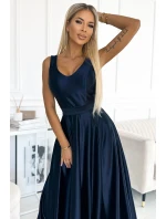 508-1 CINDY dlhé saténové šaty s výstrihom a mašľou - ZELENÉ