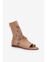 Zazoo 3437 Damskie Skórzane Sandały Z Cholewką Na Zamek Beżowe
