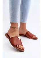 Klapki Damskie Eko Skórzane Na Płaskim Obcasie Brązowe Maliha