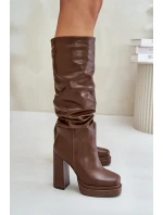 Wsuwane Kozaki Na Słupku I Platformie Z Marszczeniem Ocieplane Brązowe Beridra