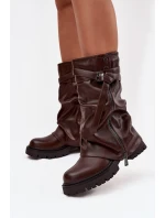 Kozaki Damskie Z Wywiniętą Cholewką Do Połowy Łydki Z Paskiem Czekoladowe Darisa