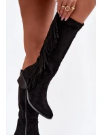 Dámské kozačky na podpatku s třásněmi zateplené černé Firlina