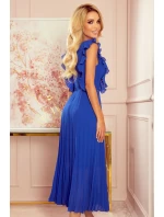 EMILY - Plisované dámske šaty v Chrpová farbe s volánikmi a dekoltom 315-2