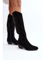 Zazoo 2909 Zamszowe Kozaki Ażurowe Na Niskim Obcasie Czarne