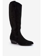 Zazoo 2909 Zamszowe Kozaki Ażurowe Na Niskim Obcasie Czarne