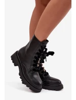 Ocieplane Botki Damskie Z Ozdobnym Sznurowaniem Czarne Elindra