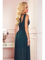 JUSTINE - Dlhé dámske šaty vo fľaškovo zelenej farbe s výstrihom a zaväzovaním 362-2 JUSTINE - Dlhé dámske šaty vo fľaškovo zelenej farbe s výstrihom a zaväzovaním 362-2