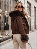 Krátka dámska bunda s odnímateľnou kožušinou, hnedá, FashionStreet TY5834 Krátka dámska bunda s odnímateľnou kožušinou, hnedá, FashionStreet TY5834