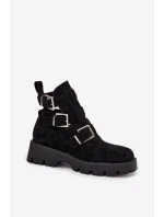 Botki Damskie Z Paskami I Srebrnymi Klamrami Czarne Helisse