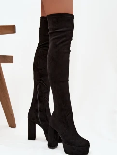 Kozačky na podpatku a platformě za koleno ekozamsové černé Amareen