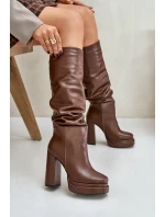 Wsuwane Kozaki Na Słupku I Platformie Z Marszczeniem Ocieplane Brązowe Beridra