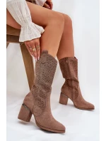 Ażurowe Kozaki Kowbojki Do Połowy Łydki S.Barski HY51-238 Brązowe