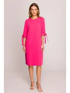 S393 Šaty áčkového strihu so zaväzovacími rukávmi - ružové