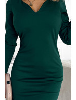 ANGELA - Klasické dámske šaty vo fľaškovo zelenej farbe s výstrihom a dlhými rukávmi 403-1