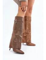 Zdobione Wsuwane Kozaki Na Szpilce Z Wywiniętą Cholewką Brązowe Enathlin