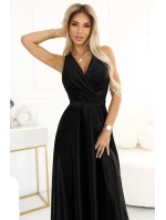 587-2 MONIQUE dlhé exkluzívne saténové šaty s výstrihom a rozparkom na nohách - ČIERNE