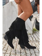 Ocieplane Kozaki Kowbojki Damskie Z Frędzlami Czarne Brivina