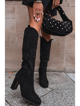 Kozaki Damskie Na Słupku Z Eko Zamszu Czarne Prisca