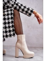 Skórzane Gładkie Botki Na Słupku Beżowe Kaysa