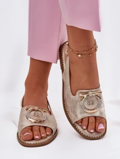 Eleganckie Sandały Z Ozdobą Na Płaskim Obcasie S.Barski KV51-003 Złote