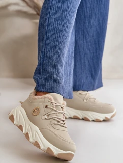 Ocieplane Buty Sportowe Damskie Sznurowane Na Platformie Beżowe Bialoa