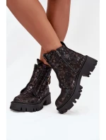 Skórzane Botki Damskie Z Ozdobą Ocieplane Artiker 57C2084 Czarno-Złote