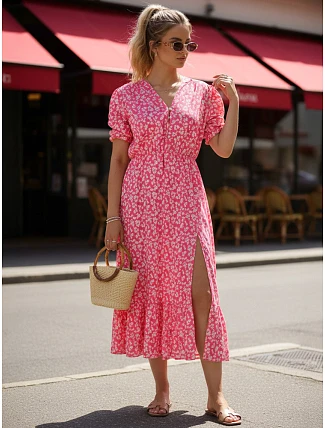 Dámske midi šaty s kvetinovým vzorom v ružovej farbe FashionStreet EY2658 Dámske midi šaty s kvetinovým vzorom v ružovej farbe FashionStreet EY2658