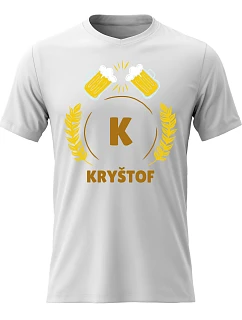 Pánske bavlnené tričko s potlačou - BEER MOTIVE WITH NAME - KRYŠTOF - biele