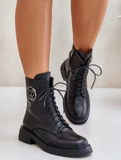 Skórzane Botki Workery Ocieplane Na Zamek Z Ozdobą Czarne Lorevine