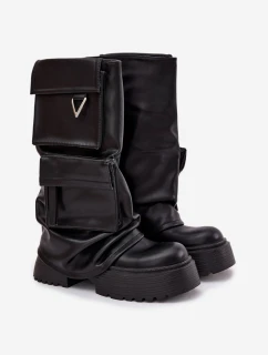 Ocieplane Wsuwane Kozaki Damskie Na Masywnej Platformie Z Kieszeniami Czarne Clarinda