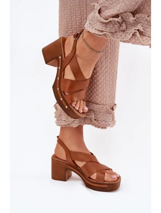 Skórzane Sandały Na Słupku Zazoo 1081 Brązowe