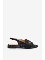 Skórzane Sandały Z Ozdobą Na Płaskim Obcasie S.Barski KV51-096 Czarne