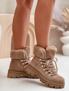 Sznurowane Trapery Damskie Z Futerkiem Ciemnobeżowe Vaminia