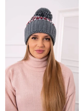 Dámska čiapka Ellen s brmbolcom K325 tmavo šedá + červená