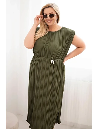 Dámske plus veľkosť viskózové skladané šaty s khaki kravatou