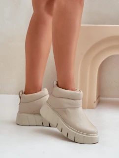 Zazoo 60470 Skórzane Botki Ocieplane Wełną Na Platformie Jasnobeżowe