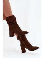 Kozačky z přírodního semiše zateplené na podpatku s vráskou Zazoo 4216 Čokoládové