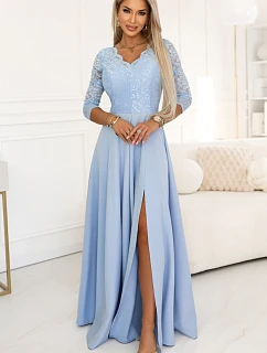 309-15 AMBER elegantné dlhé čipkované šaty s výstrihom - modré